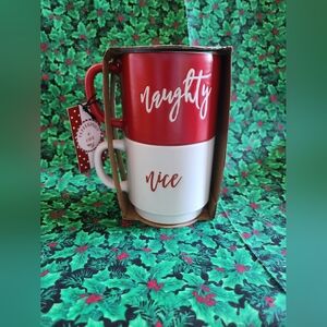 Christmas Naughty And Nice Stackable Mugs NWT Peppermint & Pine Red White